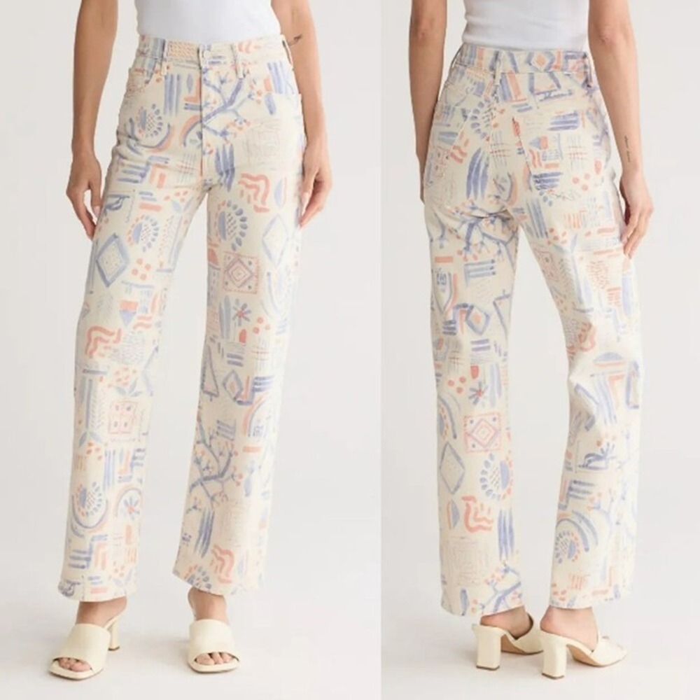 MOTHER The Maven Skimp Jeans Cream Multi Print Wide Leg Cropped Women's Size 27